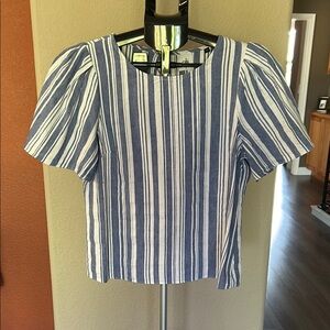 CAbi White and Blue Puff Sleeve Blouse
